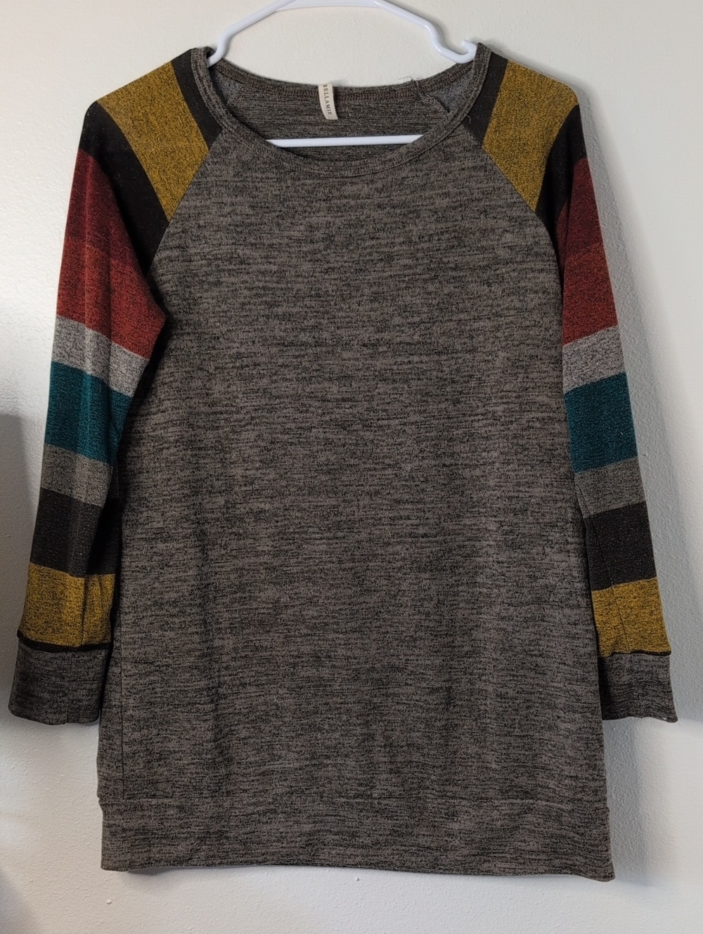 Bellamie Heathered Brown Knit Top with Brick Red Accent